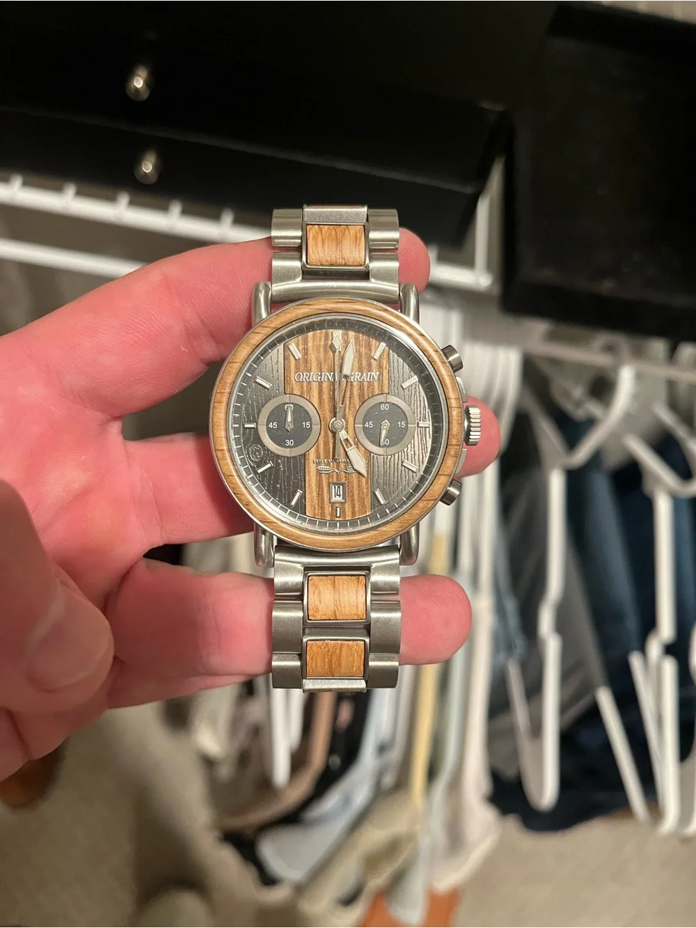 Original Grain Brewmaster Men’s Silver and Wood Chronograph Watch